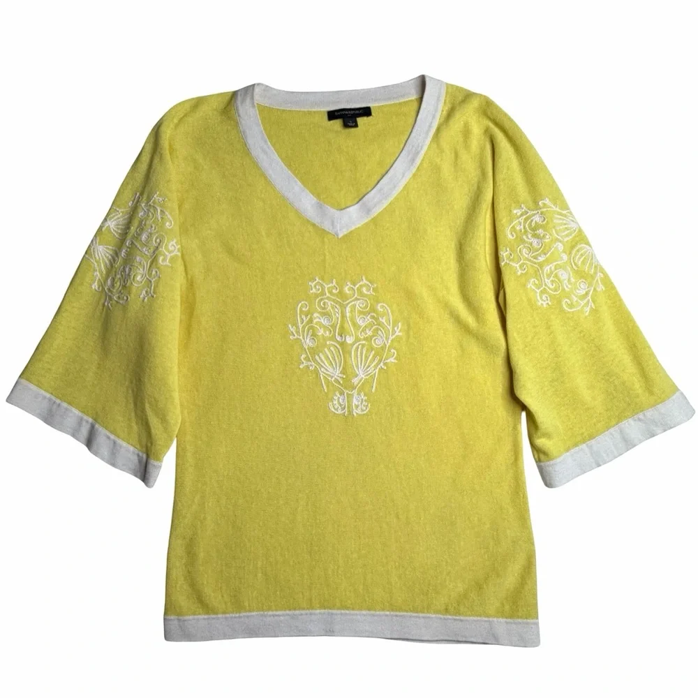 Banana Republic Yellow Embroidered Linen Cotton V-Neck Sweater Women's‎ Sz S
